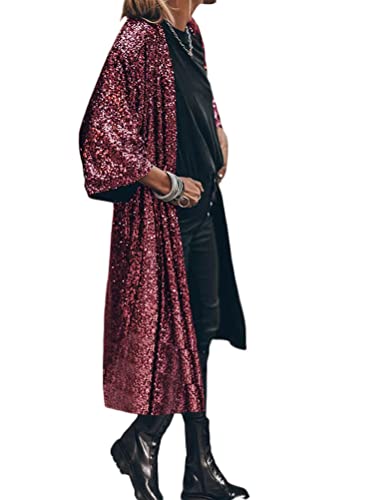 Onsoyours Damen Frühling Pailletten Cardigan Jacke Casual 3/4 Ärmel Strickjacke Open Front Cardigan Lose Lang Dünne Jacke Leichter Elegante A Burgundisch M von Onsoyours
