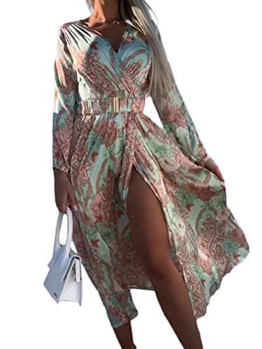 Onsoyours Damen Frühling Sommer Kleider Blumendruck Langarm Hoher Taille Kleid V-Ausschnitt Party Kleider Maxikleid Flowy Swing Plissee Lange Boho Kleider mit Gürtel A Hellgrün L von Onsoyours