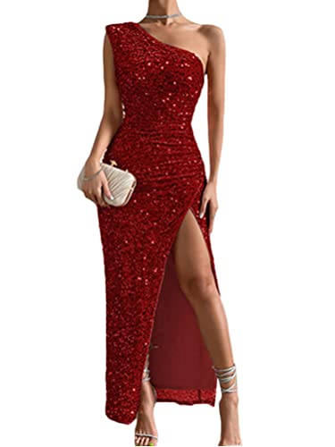 Onsoyours Damen Funkelnd Pailletten Kleid Glitzer Ärmellos Partykleid Cocktail Kleid Mit Schlitz Bodycon Elegant Tunika Weste Sequin Schulterfrei Dress Rockabilly Club Kleid A Weinrot XS von Onsoyours