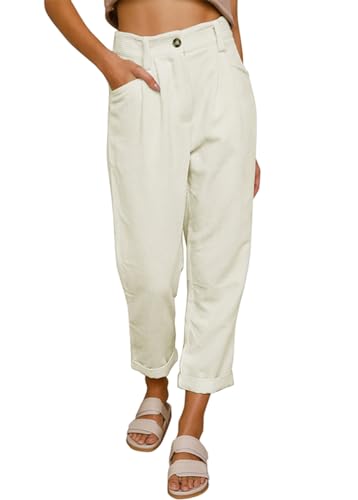 Onsoyours Damen Gerade Geschnittene Cordhose Elastische Taille Corduroy Hose Solid Damen Hohe Taille Pants Straight Casual Baggy Hose mit Taschen Beige M von Onsoyours