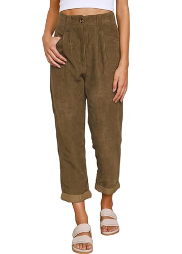 Onsoyours Damen Gerade Geschnittene Cordhose Elastische Taille Corduroy Hose Solid Damen Hohe Taille Wide Leg Pants Straight Casual Baggy Hose mit Taschen Braun XS von Onsoyours