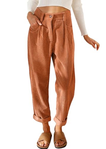 Onsoyours Damen Gerade Geschnittene Cordhose Elastische Taille Corduroy Hose Solid Damen Hohe Taille Wide Leg Pants Straight Casual Baggy Hose mit Taschen Orange L von Onsoyours