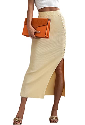 Onsoyours Damen Gerippter Rock Elegant Maxirock Vintage Röcke mit Schlitz und Knöpfen Casual Freizeitrock Lang Hohe Taille Skirt Partyrock B Gelb L von Onsoyours