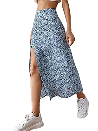 Onsoyours Damen Gerippter Rock Elegant Maxirock Vintage Röcke mit Schlitz und Knöpfen Casual Freizeitrock Lang Hohe Taille Skirt Partyrock E Blau L von Onsoyours