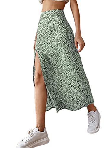 Onsoyours Damen Gerippter Rock Elegant Maxirock Vintage Röcke mit Schlitz und Knöpfen Casual Freizeitrock Lang Hohe Taille Skirt Partyrock E Grün M von Onsoyours