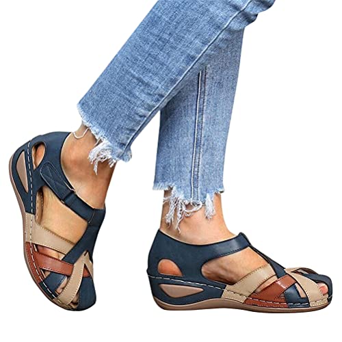 Onsoyours Damen Geschlossene Sandalen Faux Leder Arbeitsschuhe Sommerschuhe Bequeme Freizeit Flache Sandaletten Wandern Sport Sommer Strand Klettverschluss Sandalen A Blau 41 EU von Onsoyours