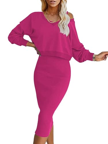 Onsoyours Damen Gestrickt Kleid Set Oberteil Pullover Pulli und Kleid Bodycon 2 Teiliges Sweater Langarm Strickkleid Pullikleid Midikleid Herbst Winter A Rosa L von Onsoyours