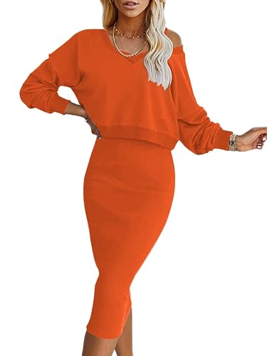 Onsoyours Damen Gestrickt Kleid Set Oberteil Pullover Pulli und Kleid Bodycon 2 Teiliges Sweater Strickkleid Pullikleid Midikleid A Orange S von Onsoyours