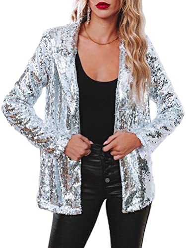 Onsoyours Damen Glänzend Pailletten Jacke Cardigan Langarm Bolero Tops Kurz Oberteile Eleganter Blazer Glitzer Party Outfits Clubwear A Silber L von Onsoyours