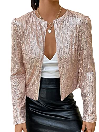 Onsoyours Damen Glänzend Pailletten Jacke Cardigan Langarm Bolero Tops Kurz Oberteile Eleganter Blazer Glitzer Party Outfits Clubwear B Roségold M von Onsoyours