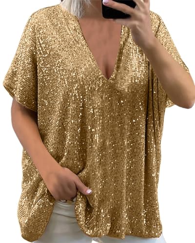 Onsoyours Damen Glänzend Pailletten Langarmshirt Elegant Loose Tops Einfarbige Oberteile Casual Blusen Party Club A Gold 42 von Onsoyours
