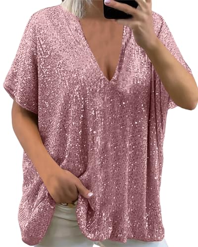 Onsoyours Damen Glänzend Pailletten Langarmshirt Elegant Loose Tops Einfarbige Oberteile Casual Blusen Party Club A Rosa 46 von Onsoyours