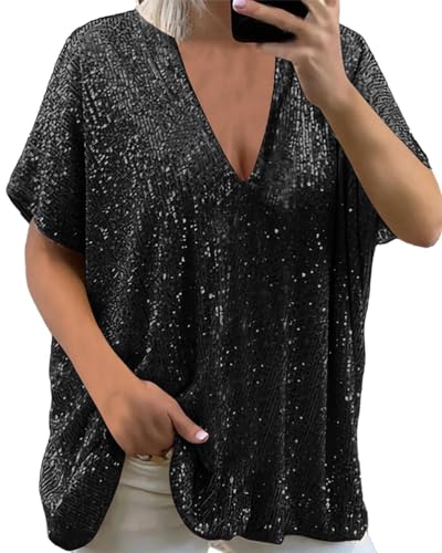 Onsoyours Damen Glänzend Pailletten Langarmshirt Elegant Loose Tops Einfarbige Oberteile Casual Blusen Party Club A Schwarz 46 von Onsoyours