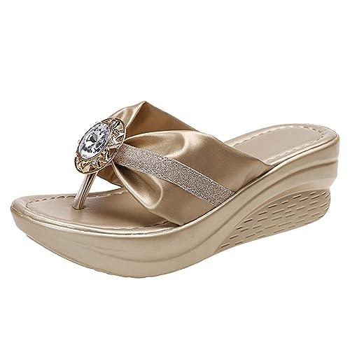 Onsoyours Damen Glitter Sandalen Casual Sommer Wedge Peep Toe High Heel Plattform Pantoletten PU Sommerschuhe Strand Sandale F Gold 41 EU von Onsoyours