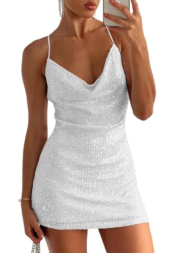 Onsoyours Damen Glitzer Kleid Enges Schnürkleid Spaghettiträger Cocktailparty Mini Pailletten Kleid A Weiß L von Onsoyours