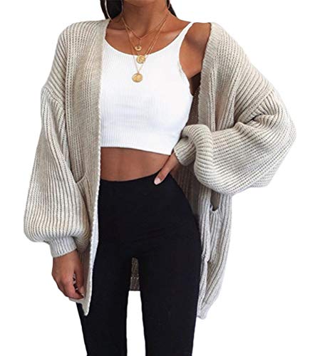 Onsoyours Damen Grobstrick Strickjacke Herbst Winter Cardigan Patchwork Outwear Langarm Cardigan Casual Open Front Sweater Outwear Aprikose XXL von Onsoyours