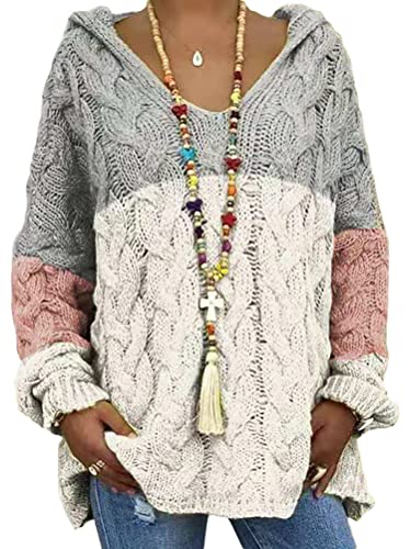 Onsoyours Damen Grobstrick Strickpullover mit Kapuze Oversize Kapuzenpullover Causal Langarm Hoodie Pulli Einfarbig Jumper Mantel Oberteile Tops B Grau XXL von Onsoyours