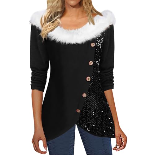 Onsoyours Damen Großer Rundhals Plüschkragen Langarmshirts Eine Schulter Shirt Weihnachten Top Xmas Hemd Pullover Weihnachten Pailletten Patchwork Oberteil Knopfleiste Bluse B Schwarz 3XL von Onsoyours