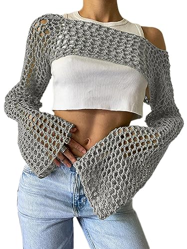 Onsoyours Damen Häkelpullover Y2K Langarm Crop Top Sommer Lose Pullover Cover Up Pullover Streetwear Outfits Langarm Pullover Cropped Jumper Cover Up Pullover Tops A Grau S von Onsoyours