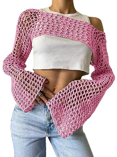 Onsoyours Damen Häkelpullover Y2K Langarm Crop Top Sommer Lose Pullover Cover Up Pullover Streetwear Outfits Langarm Pullover Cropped Jumper Cover Up Pullover Tops A Rosa M von Onsoyours