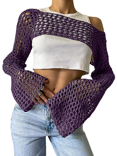 Onsoyours Damen Häkelpullover Y2K Langarm Crop Top Sommer Lose Pullover Cover Up Pullover Streetwear Outfits Langarm Pullover Cropped Jumper Cover Up Pullover Tops A Violett M von Onsoyours