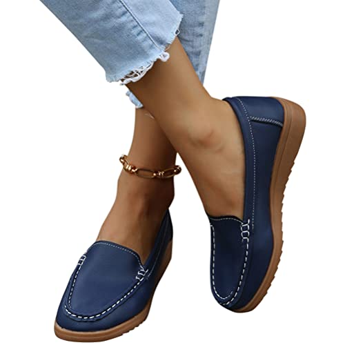 Onsoyours Damen Halbschuhe Keilabsatz Runde Zehe PU Leder Halbschuhe Herbst Frühling Einfarbig A Dunkelblau 40 EU von Onsoyours