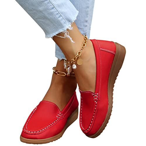 Onsoyours Damen Halbschuhe Keilabsatz Runde Zehe PU Leder Halbschuhe Herbst Frühling Einfarbig A Rot 39 EU von Onsoyours