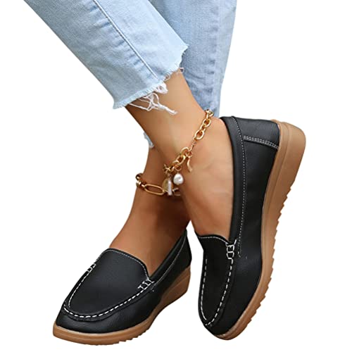 Onsoyours Damen Halbschuhe Keilabsatz Runde Zehe PU Leder Halbschuhe Herbst Frühling Einfarbig A Schwarz 36 EU von Onsoyours