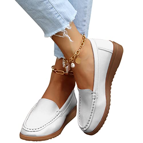 Onsoyours Damen Halbschuhe Mokassins PU Leder Retro Plateau Schuhe Slip On Loafers Geschlossene Freizeitschuhe Einfache Lackschuhe Keilabsatz Outdoor rutschfest Bootsschuhe A Weiß 39 EU von Onsoyours