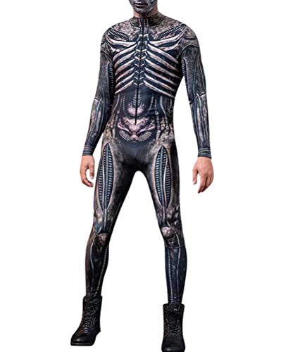 Onsoyours Damen Halloween Karneval Jumpsuit Kostüm 3D Print Langarm Skinny Skeleton Catsuit Cosplay Overall Stehkragen Rücken Zip Outfits Body P Herren Schwarz XL von Onsoyours