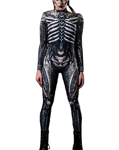 Onsoyours Damen Halloween Karneval Kostüm 3D Skelett Rose Langarm Overall Stehkragen Rücken Zip Outfits Bodycon Ganzkörperanzug Cosplay Bodysuit H Schwarz XS von Onsoyours