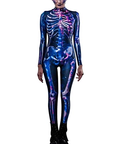 Onsoyours Damen Halloween Karneval Kostüm 3D Skelett Rose Langarm Overall Stehkragen Rücken Zip Outfits Bodycon Ganzkörperanzug Cosplay Bodysuit J Blau L von Onsoyours