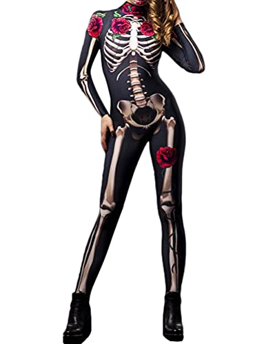 Onsoyours Damen Halloween Karneval Kostüm 3D Skelett Rose Langarm Overall Stehkragen Rücken Zip Outfits Bodycon Ganzkörperanzug Cosplay Bodysuit Mädchen A Schwarz L von Onsoyours