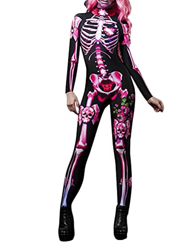 Onsoyours Damen Halloween Karneval Kostüm 3D Skelett Rose Langarm Overall Stehkragen Rücken Zip Outfits Bodycon Ganzkörperanzug Cosplay Bodysuit Mädchen B Schwarz XS von Onsoyours
