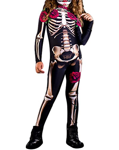 Onsoyours Damen Halloween Karneval Kostüm 3D Skelett Rose Langarm Overall Stehkragen Rücken Zip Outfits Bodycon Ganzkörperanzug Cosplay Bodysuit Mädchen E Mädchen Schwarz 140 von Onsoyours
