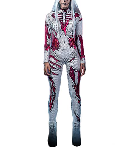 Onsoyours Damen Halloween Karneval Kostüm 3D Skelett Rose Langarm Overall Stehkragen Rücken Zip Outfits Bodycon Ganzkörperanzug Cosplay Bodysuit N Weiß L von Onsoyours