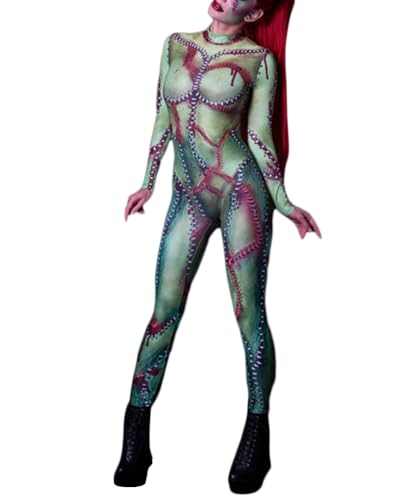 Onsoyours Damen Halloween Karneval Kostüm 3D Skelett Rose Langarm Overall Stehkragen Rücken Zip Outfits Bodycon Ganzkörperanzug Cosplay Bodysuit O Grün S von Onsoyours