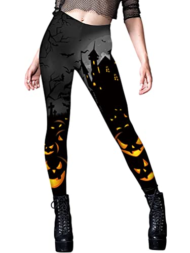 Onsoyours Damen Halloween Lange Leggings Bedruckte Bunte Halloween Hohe Taille Strumpfhose Lang Sporthose Slim Fit Fitnesshose Laufhose Bauchkontrolle für Yoga Fitness A Schwarz XL von Onsoyours