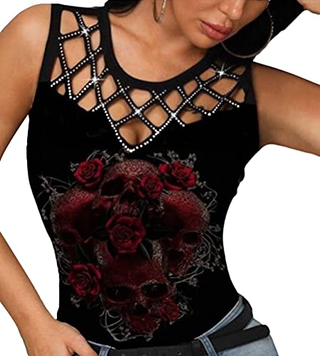 Onsoyours Damen Halloween Übergroßes Modisches Racer Top mit Schrägen Schultern und Totenkopf Print Cooles T-Shirt Sommer Shirt Oberteile Frauen Kleidung Frau Crop Top Klamotten B Schwarz XXL von Onsoyours