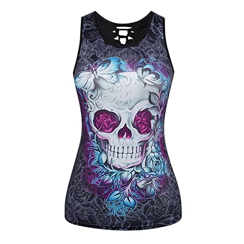 Onsoyours Damen Halloween Übergroßes Modisches Racer Top mit Schrägen Schultern und Totenkopf Print Cooles T-Shirt Sommer Shirt Oberteile Frauen Kleidung Frau Crop Top Klamotten C Muster-13 XXL von Onsoyours