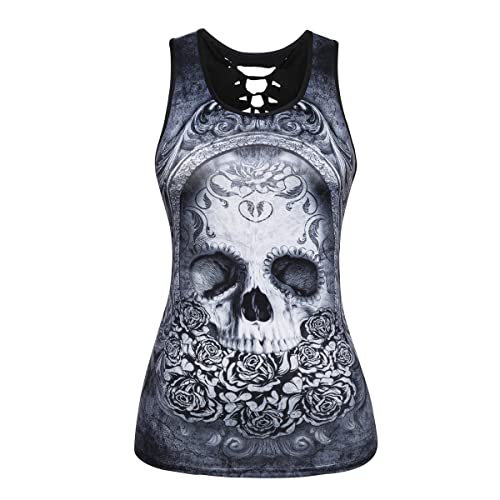 Onsoyours Damen Halloween Übergroßes Modisches Racer Top mit Schrägen Schultern und Totenkopf Print Cooles T-Shirt Sommer Shirt Oberteile Frauen Kleidung Frau Crop Top Klamotten C Muster-9 XXL von Onsoyours