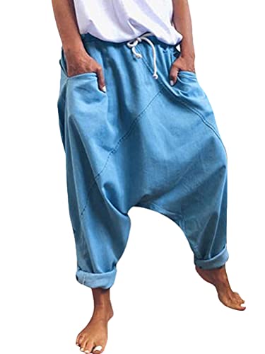 Onsoyours Damen Haremshose Aladinhose Yoga Pumphose Baggy Ballon Yoga Hose Sweatpants Jogginghose Hippie Hose Haremshose Mit Tiefem Schritt Z2 Blau XL von Onsoyours