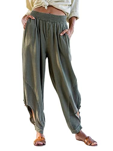 Onsoyours Damen Haremshose Yogahose Pumphose Hippie Hose Boho Kleidung Festival Outfit Sommerhose Leicht Sommer Hosen mit Schlitz Leicht Luftige Sporthose A Armeegrün L von Onsoyours