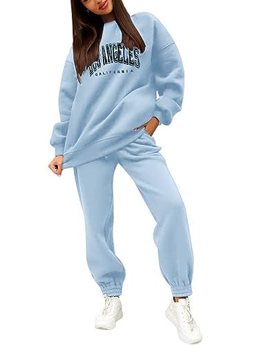 Onsoyours Damen Hausanzug mit Kapuze 2 Teile Herbst Buchstaben Druck Langarm Trainingsanzug Frau Lose Jogginganzug Kapuzenpullover Jogginghose für Damen Yoga Gym A Blau S von Onsoyours