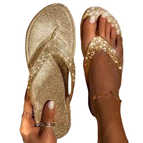 Onsoyours Damen Hausschuhe Flip Flops Flip Flops Strass Funkelnder Glitzer Flacher Absatz Offene Spitze Gummi T-Riemen Einfarbig G Gold 38 EU von Onsoyours