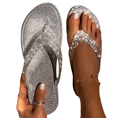 Onsoyours Damen Hausschuhe Flip Flops Hausschuhe im Freien Funkelnder Glitzer Paillette Flacher Absatz Offene Spitze Halbschuhe Einfarbig G Silber 40 EU von Onsoyours