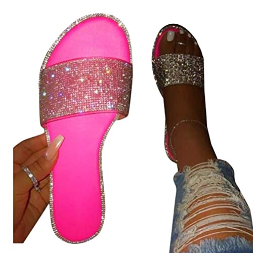 Onsoyours Damen Hausschuhe Flip Flops Hausschuhe im Freien Funkelnder Glitzer Paillette Flacher Absatz Offene Spitze PU Halbschuhe Einfarbig F Rosa 40 EU von Onsoyours