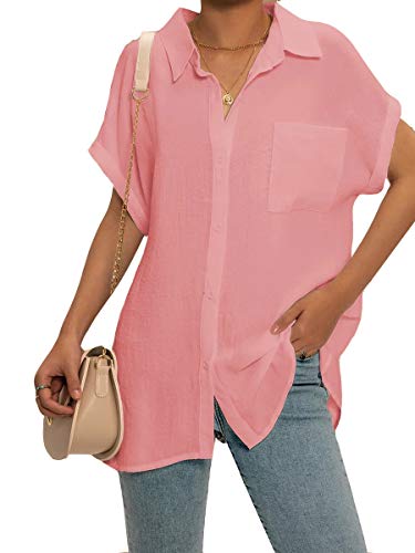 Onsoyours Damen Hemdbluse Kurzarm Sommer Bluse Leinen Shirt T-Shirt Oversize Lose Freizeit Elegant Oberteile Button V-Ausschnitt Einfarbig B Rosa 48 von Onsoyours