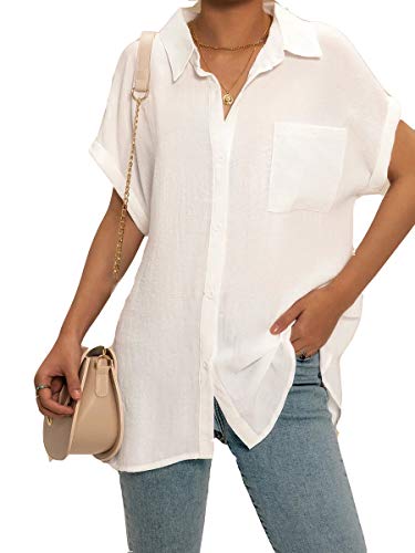 Onsoyours Damen Hemdbluse Kurzarm Sommer Bluse Leinen Shirt T-Shirt Oversize Lose Freizeit Elegant Oberteile Button V-Ausschnitt Einfarbig B Weiß 44 von Onsoyours