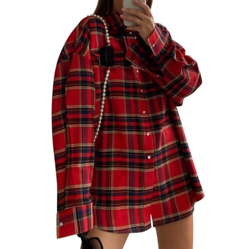 Onsoyours Damen Hemdjacke Karierte Shacket Langarm Button-down Hemd Bluse Mantel Flanell Jacke Tunika Tops Longshirt Hemd T-Shirt A Rot M von Onsoyours